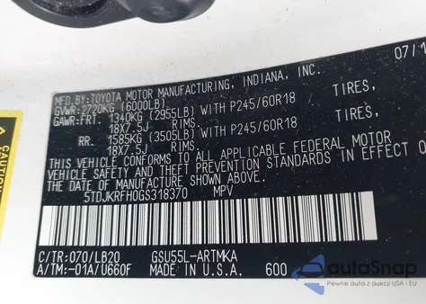 2016 Toyota Highlander Xle V6 z USA, uszkodzony, nr VIN 5TDJKRFH0GS318370